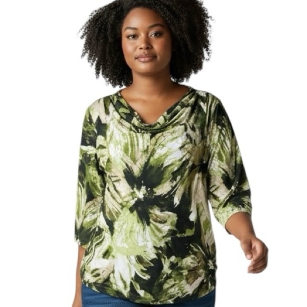 Susan Graver Green Cowl Neck Tunic Blouse Earthy Grunge Goblincore Size Large